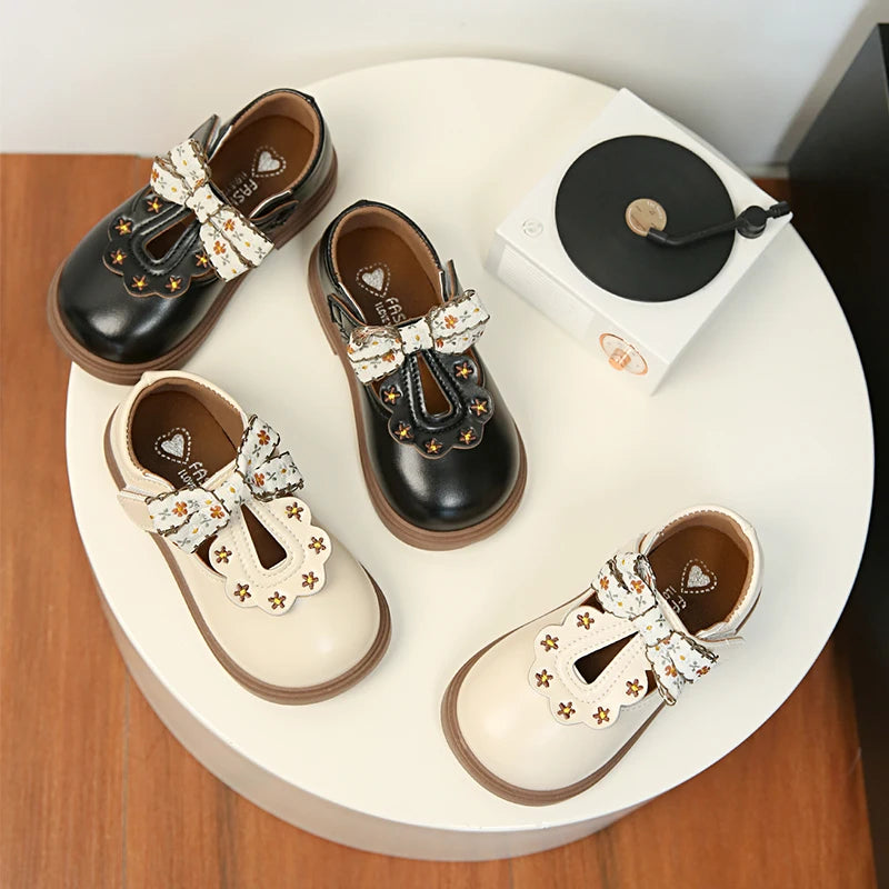 Cute bow Leather Girls Shoes 2025 New T-strap Oxfords Spring Kids Soft Shoes For Girl School Children Princess Dress Shoes
