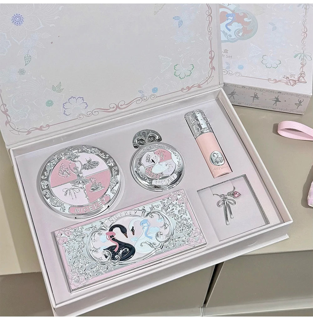 NICEKEY Pink Ballet Makeup Box Include 1*Lip mud,1*Pressed Powder,1*Highlight Powder,1*Eyeshadow Palette Powder With Necklace