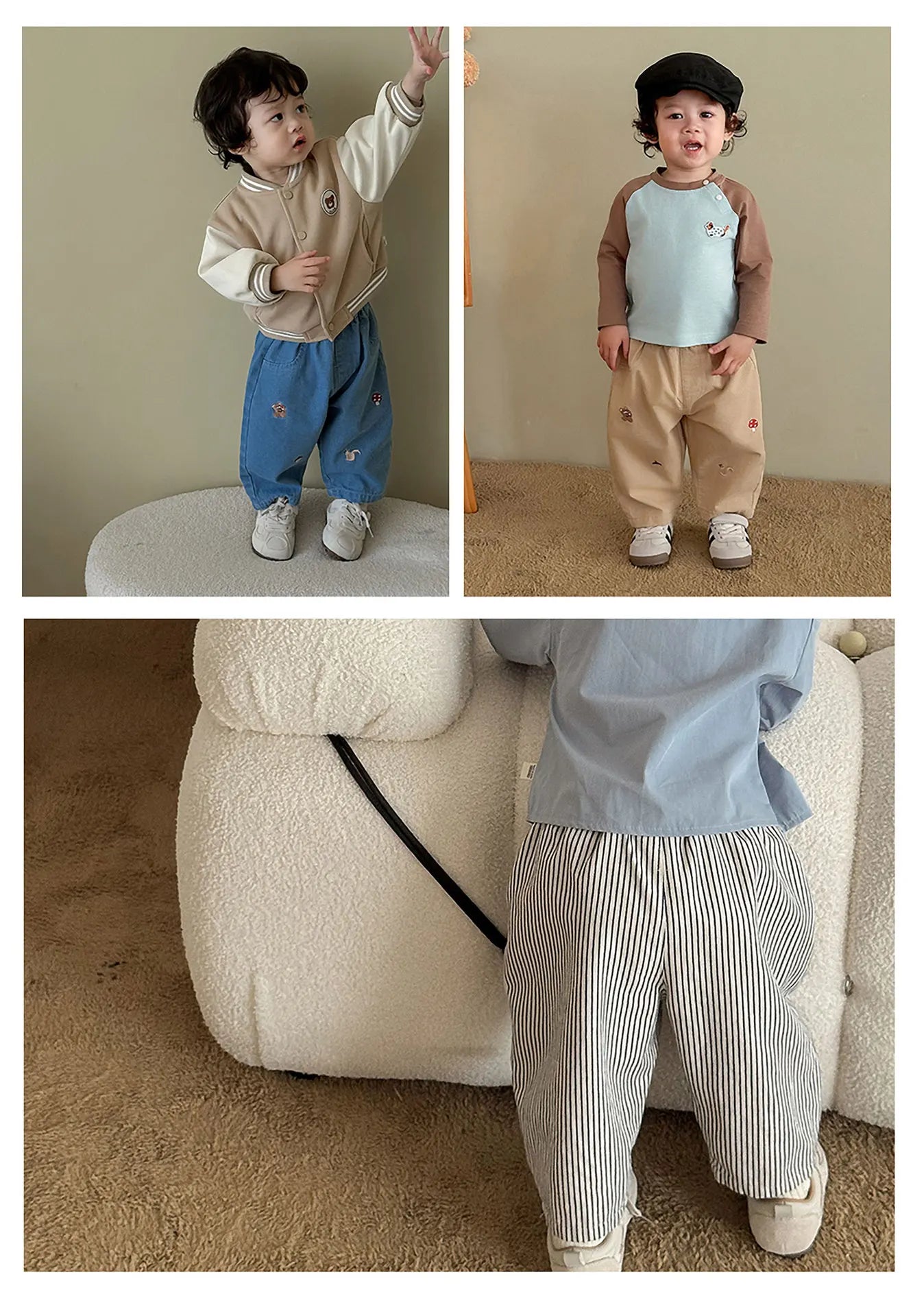2026 Fall New Toddler Kids Pants Cotton Cartoon Embroidered Harem Pants Baby Boy Casual Striped Denim Baggy Trousers