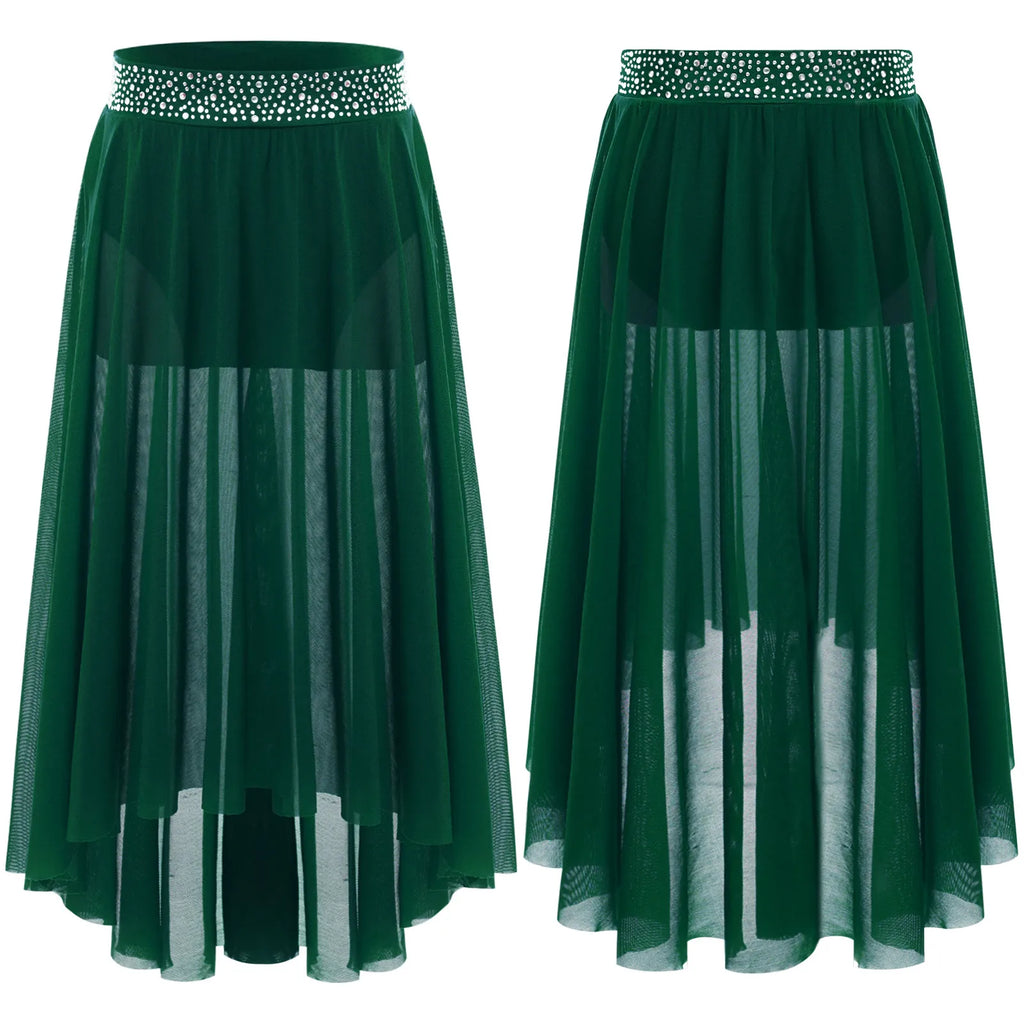Kids Girls Lyrical Modern Dance Skirt Shiny Rhinestones Open Front Flowy Sheer Mesh Skirt with Built-in Briefs Ballet Dresses