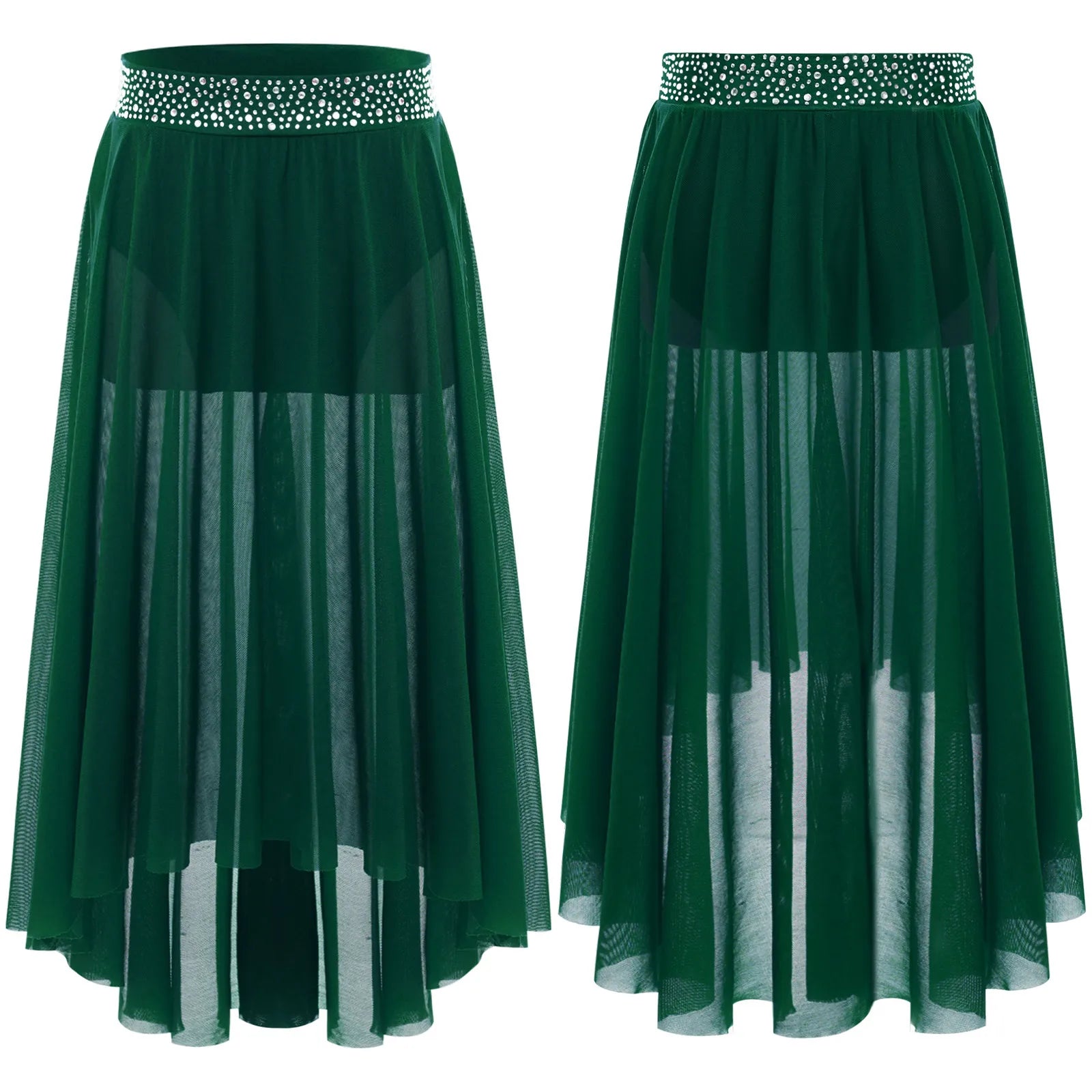 Kids Girls Lyrical Modern Dance Skirt Shiny Rhinestones Open Front Flowy Sheer Mesh Skirt with Built-in Briefs Ballet Dresses