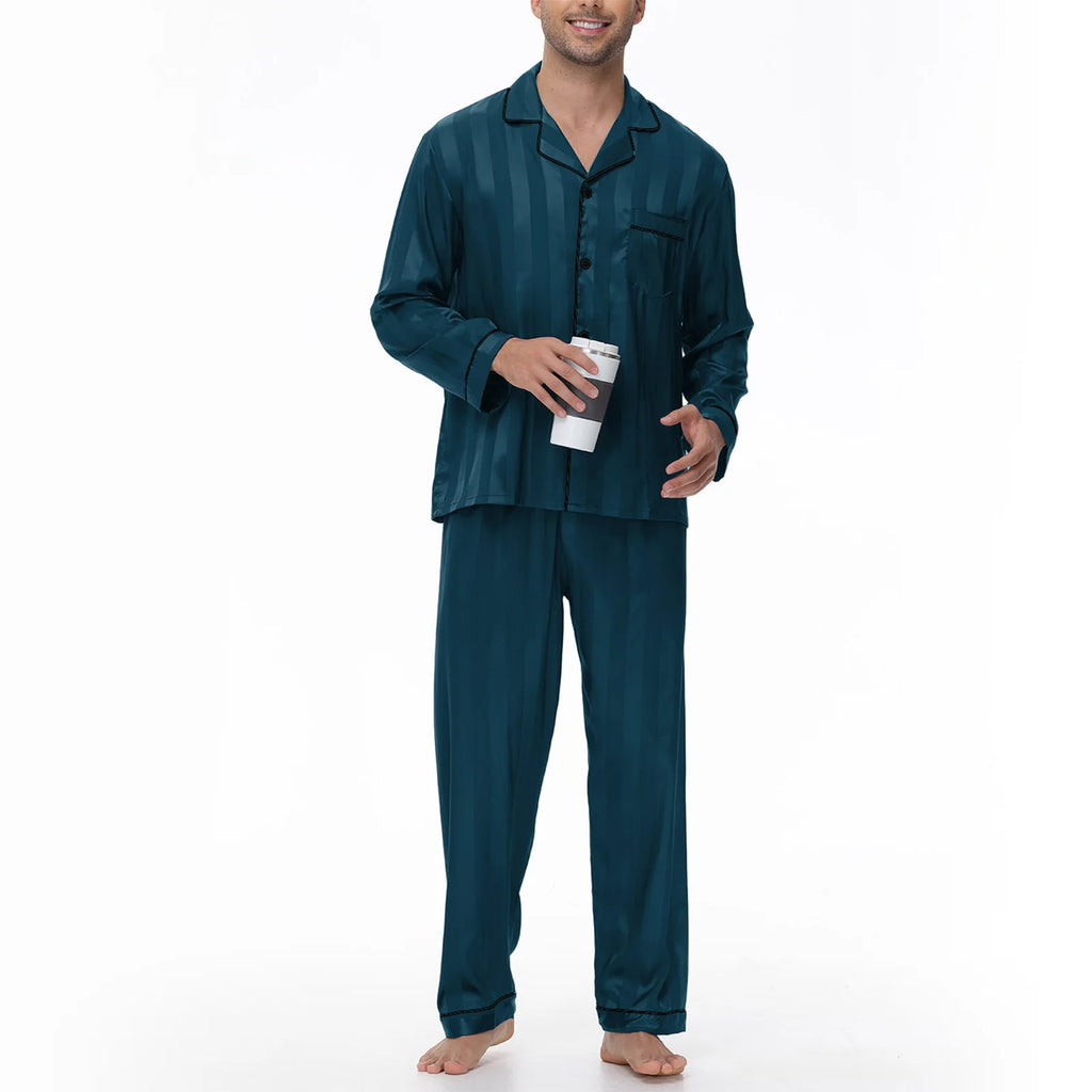 Men Pajamas Sleepwear 2PCS Set Navy Blue Stripes Long Sleeve Trouser Suits Home Clothes Male Loose Silk Satin Pijamas Loungewear