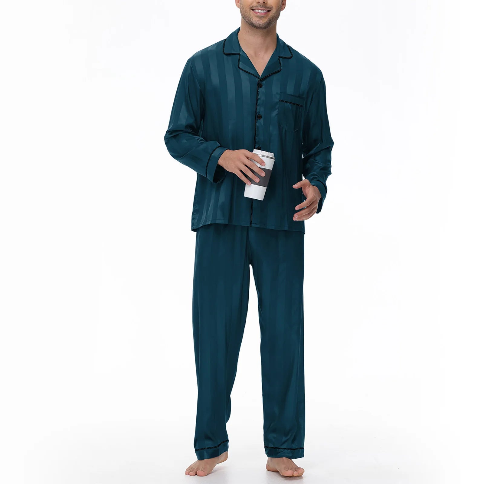 Men Pajamas Sleepwear 2PCS Set Navy Blue Stripes Long Sleeve Trouser Suits Home Clothes Male Loose Silk Satin Pijamas Loungewear