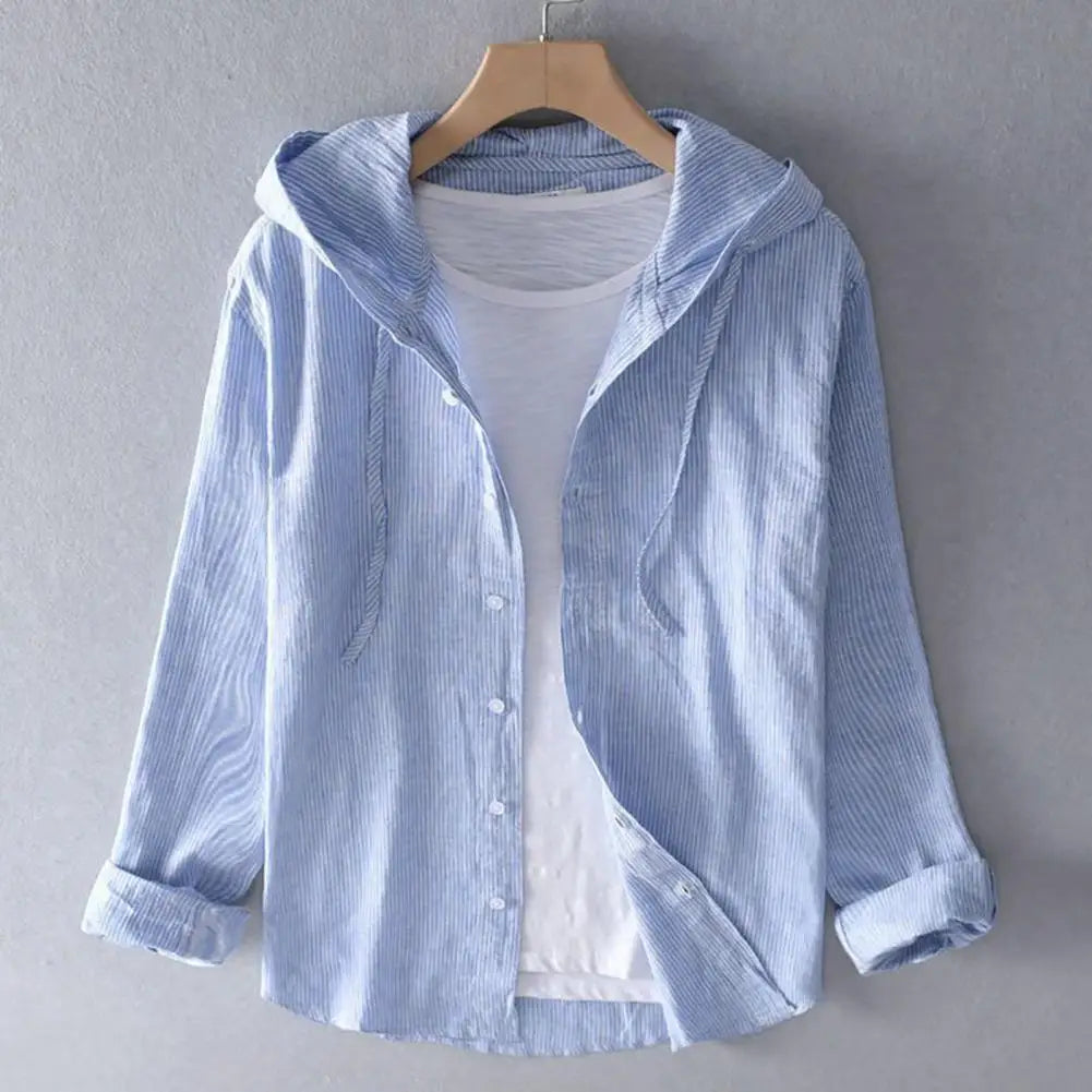 Men Summer Shirt Sun Anti UV Long Sleeve Hooded Drawstring Single breasted Soft Loose Breathable Cardigan Coat Top
