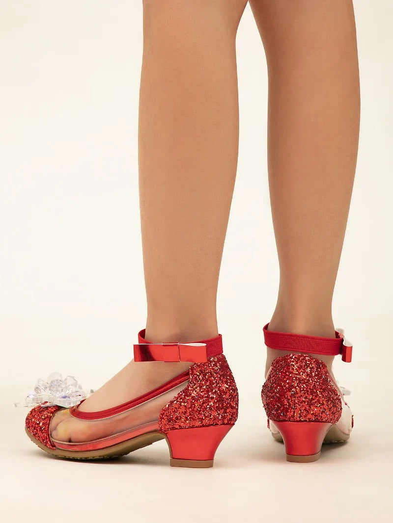 2025 New Girl's High Heel Shoes Ankle-strap Bowknot Children Princess Shoes Fashion Sequins Kids Leather Shoes for Wedding Party