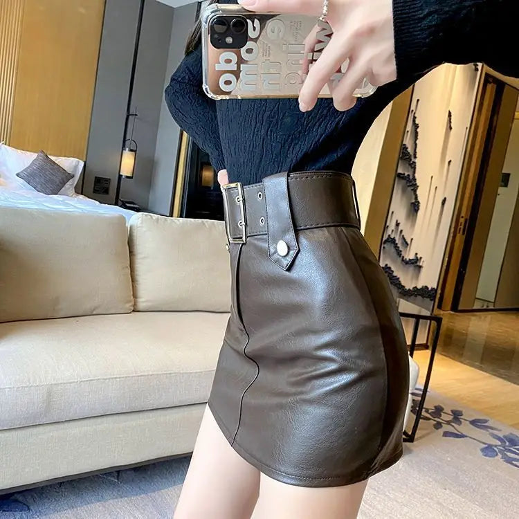 skirt women  2022  korean fashion clothing  Solid  Button  Above Knee, Mini  vintage leather  black skirt  Regulai Fit