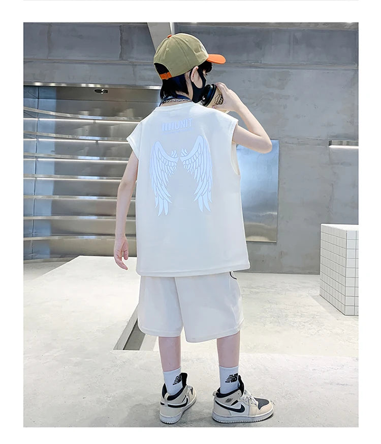 Teenage Summer Tracksuit for Boy with Shorts Tshirt 2 Piece Top and Bottom Clothes Set Kids Child Casual Cotton Outfit Suit Wear