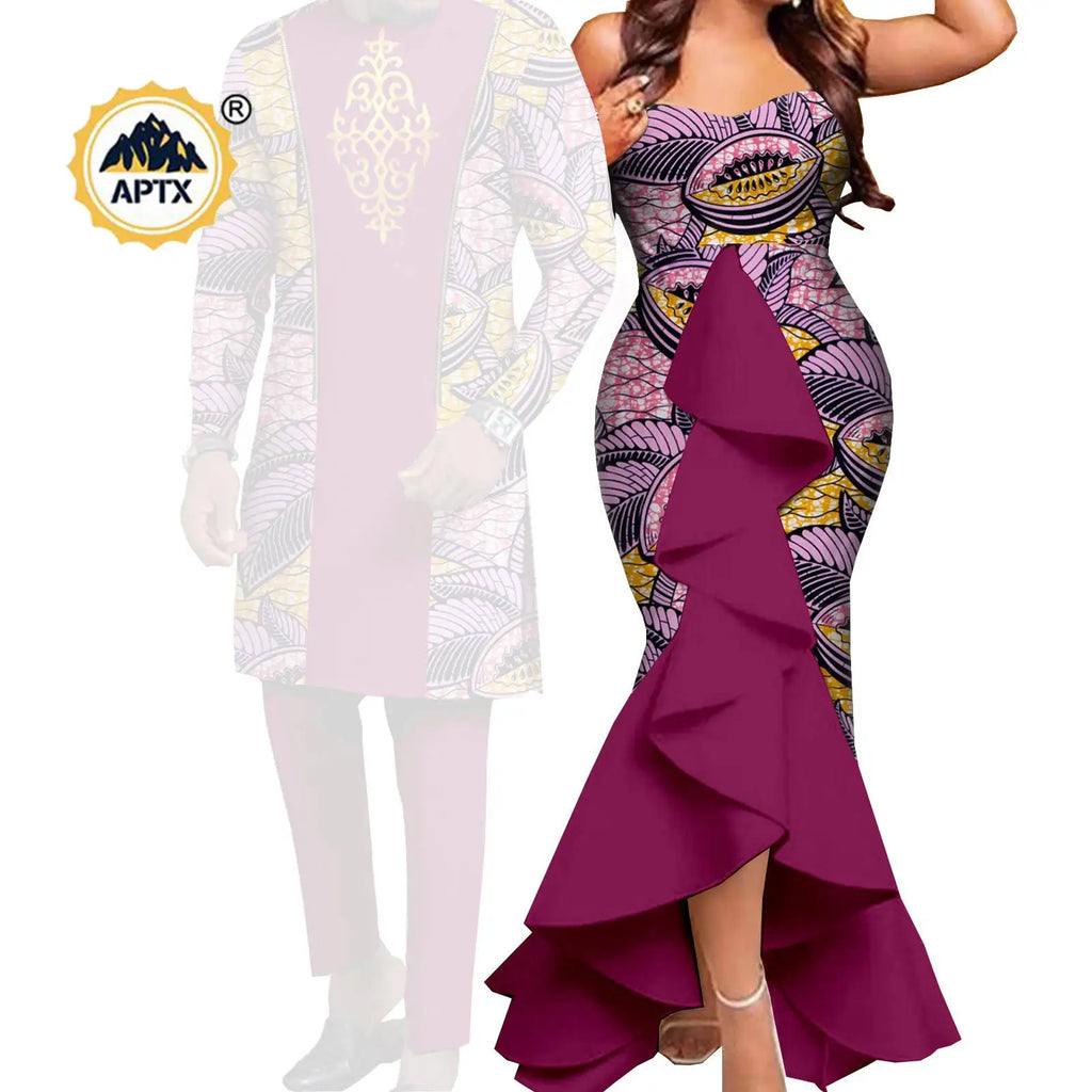 Dashiki African Women Mermaid Dresses Matching Men Outfits Pant Sets Bazin Riche African Couple Clothes for Wedding Y22C080
