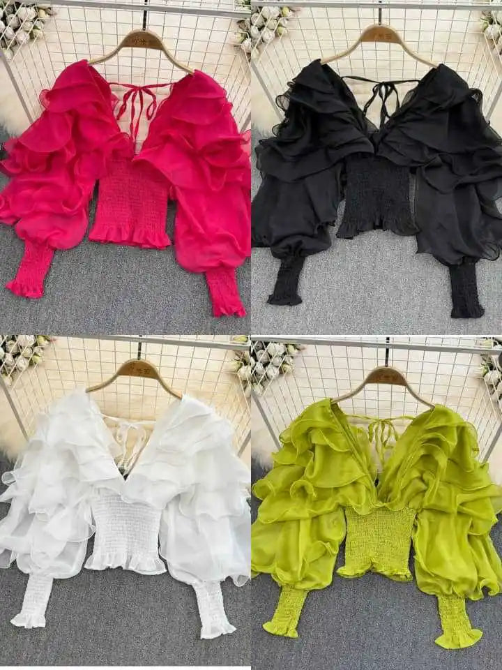 Women Blouse Shirts V Neck Lantern Sleeve Sexy Blouses Casual Work Party Club Ruffles Slim Elegant Splice High Waist Y2k Tops