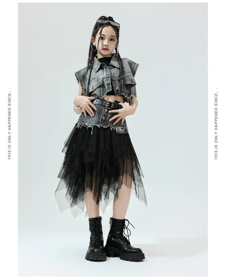 Girls Hip Hop Clothing Denim Sleeveless Jacket Vest Top Street Patchwork Mesh Skirt for Kids Jazz Dance Costume Clothes