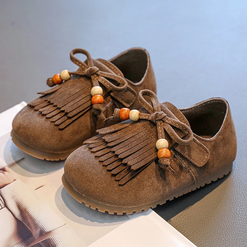 Girls' All-inclusive fringed Boken shoes 2025 Autumn Edition Soft-soled little girl princess Shoes Children's Bean single shoes