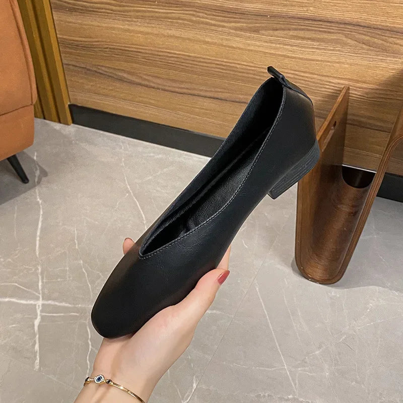 Genuine Leather Multi-color Low-heeled women's Shoes  Round Toe Flat Bottom Shallow Cut Single Shoe Casual Versatile Loafers