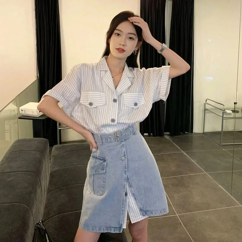 Short Sleeve Mature Skirt Women's Two Piece Set Slit Denim Y2k Clothes Formal Event New in The Same Stylish Full Female Outfits