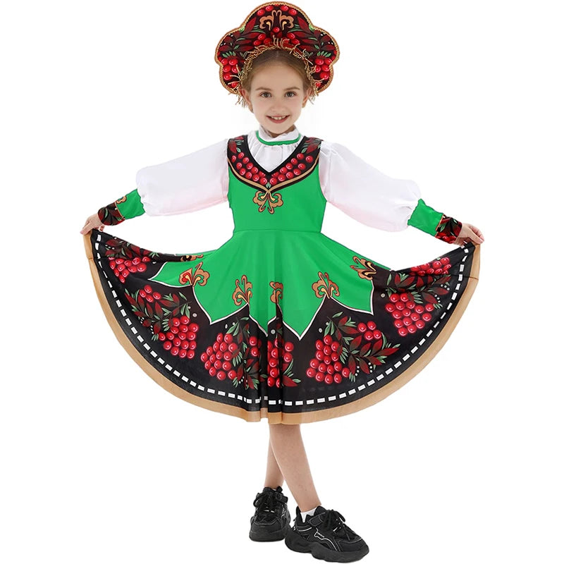 Russian Children Traditional Folk Dance Dress Girls Princess Clothing Tops dress Headwear Carnival Stage Performance Costume