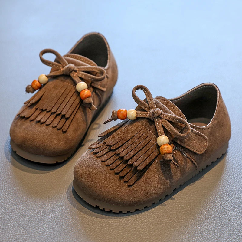 Girls' All-inclusive fringed Boken shoes 2025 Autumn Edition Soft-soled little girl princess Shoes Children's Bean single shoes