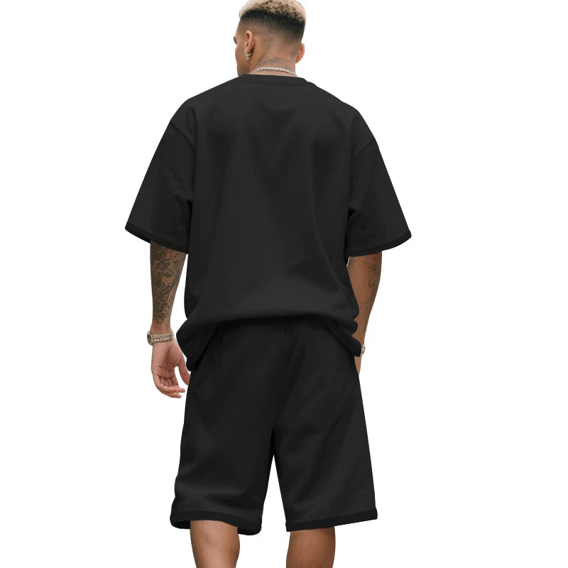 Men's two-piece clothing set, loose round-neck T-shirt and shorts set, casual sportswear, perfect for summer