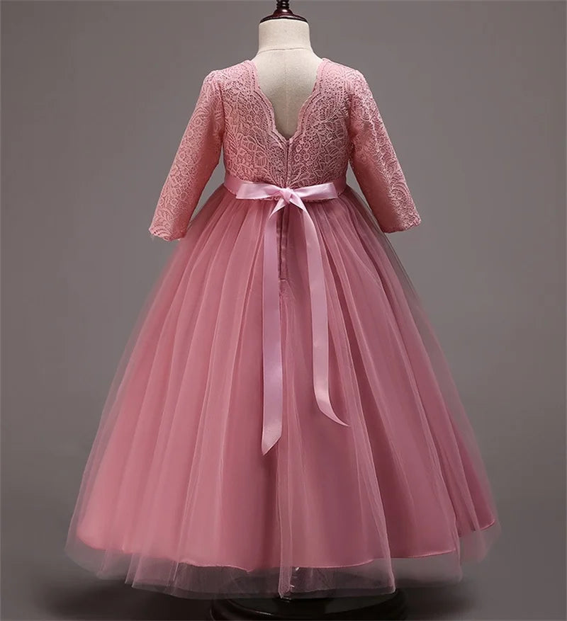 Elegant Dress For Teenage Girl Lace White Long Sleeve Wedding Princess Dresses For Children Prom First Communion Long Puffy Gown