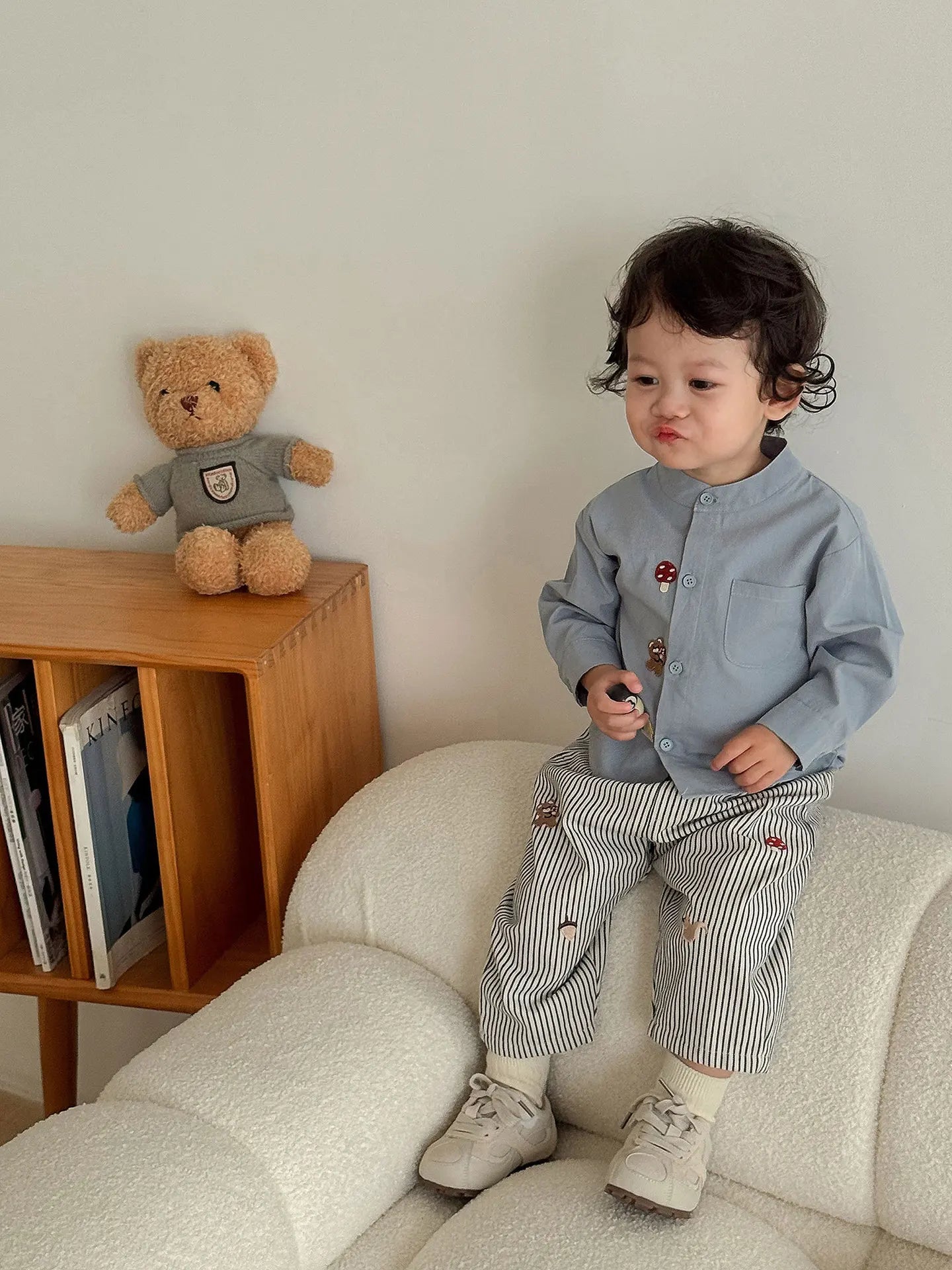 2026 Fall New Toddler Kids Pants Cotton Cartoon Embroidered Harem Pants Baby Boy Casual Striped Denim Baggy Trousers