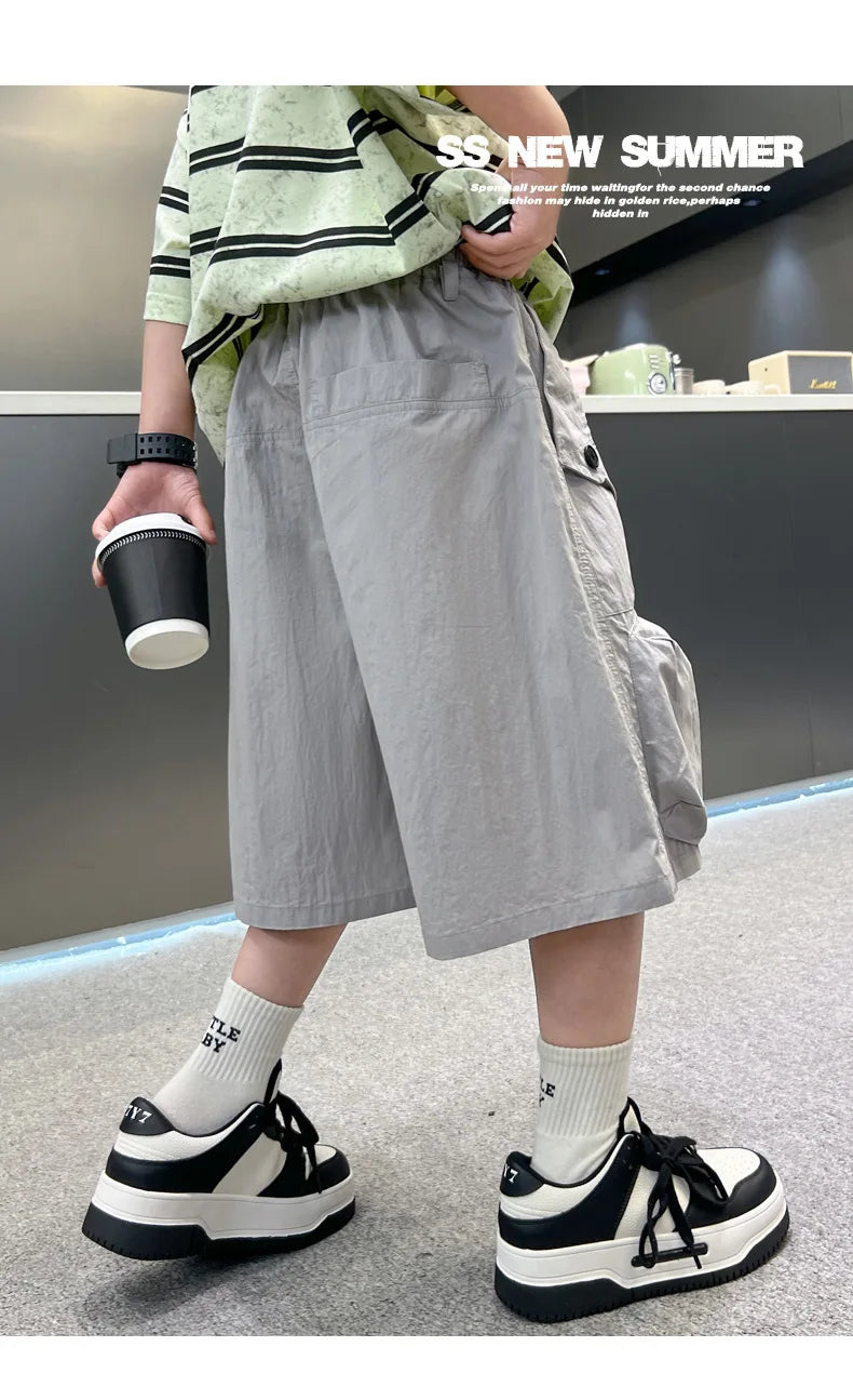 2025 Summer New Men's Shorts for Boys - Children's Casual Loose Workwear with Large Pockets