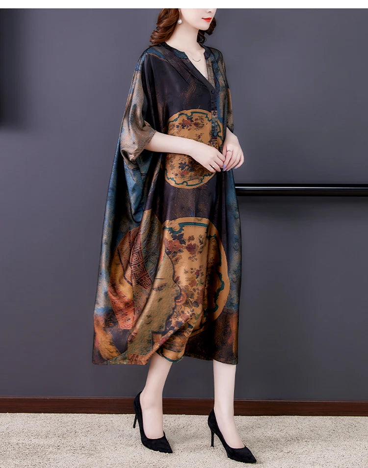 Mulberry Silk Dresses Women's New Summer Long Dress Female Fashion Loose V- Neck High-End Print Pullover Dresses