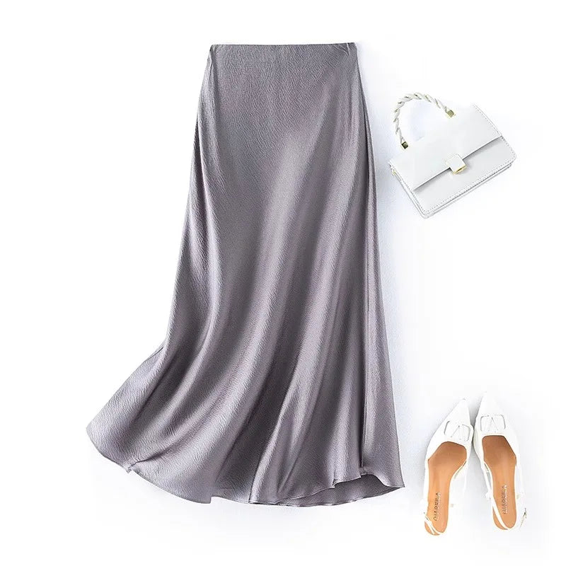 2025 Women's Summer New 100% Natural Mulberry Silk Pearl Satin Dark Grey Elegant Diagonal Cut Wrapped Hip Fishtail Skirt
