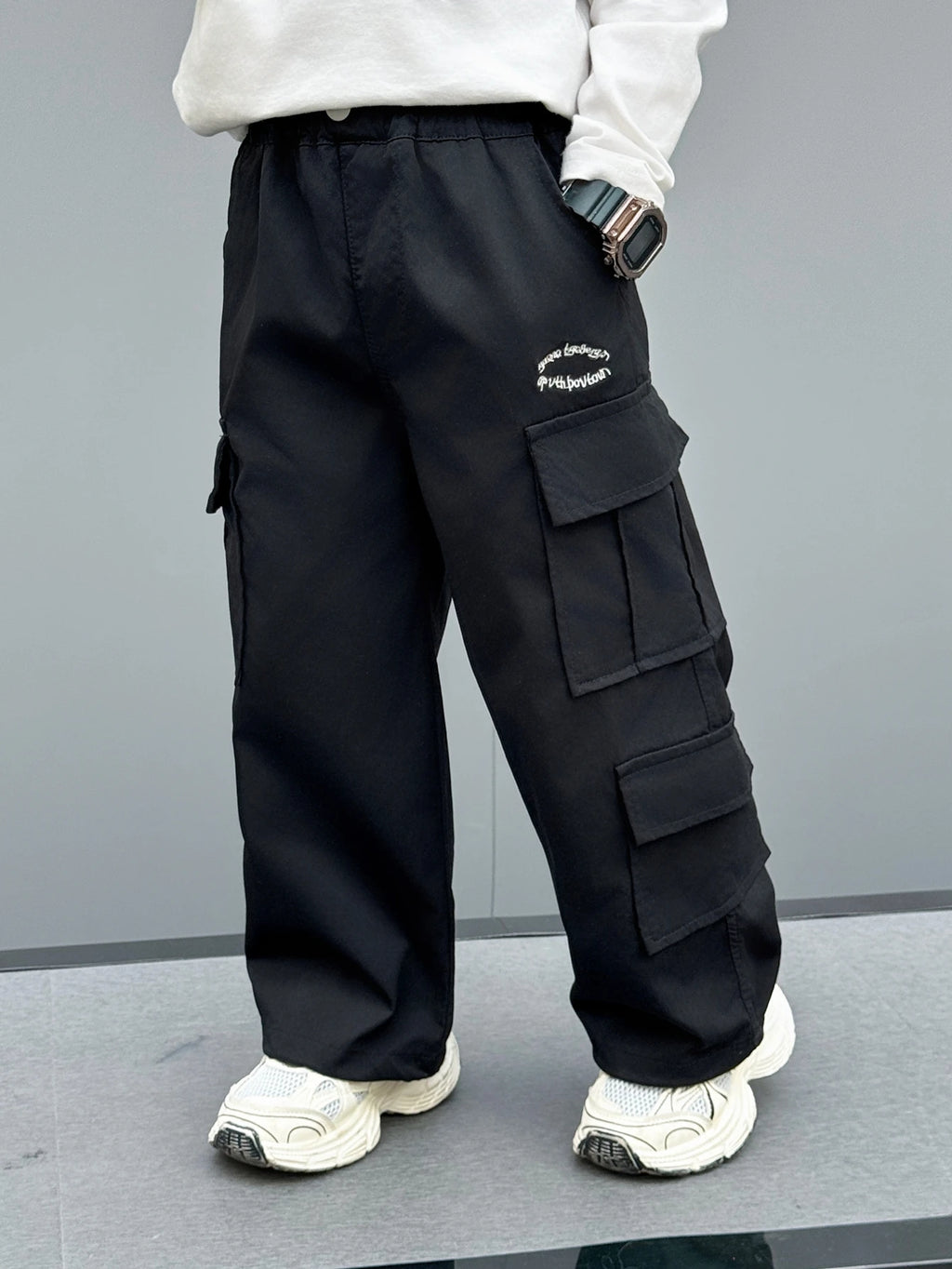 Toddler Boy Khaki Cargo Pants, Elastic Waist Multi-Pocket Casual Trousers With Embroidery Detail, Loose Fit Streetwear For Kids