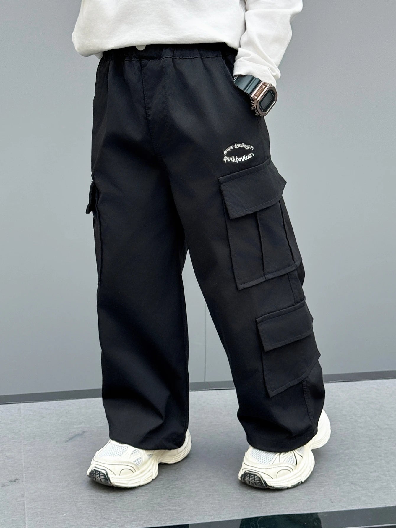 Toddler Boy Khaki Cargo Pants, Elastic Waist Multi-Pocket Casual Trousers With Embroidery Detail, Loose Fit Streetwear For Kids