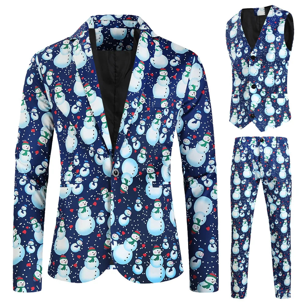 New Men's 3 Piece Christmas Sets Blazers+Vest+Pants 2026 Xmas Printed Men Suit Set Party Stage Dress Up Style Costume Streetwear