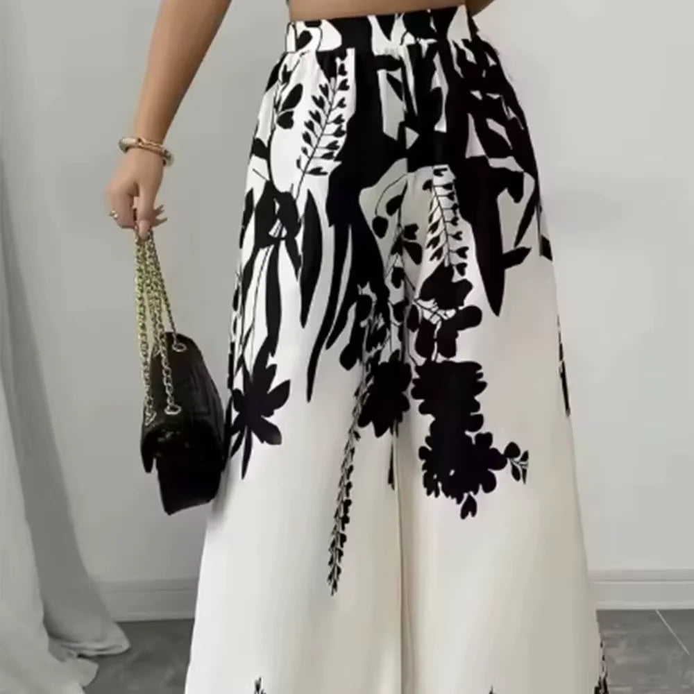 Women's Trousers Fashionable High Street Black And White Flower High Waist Casual Wide Leg Pants 2026 Spring Summer New Style
