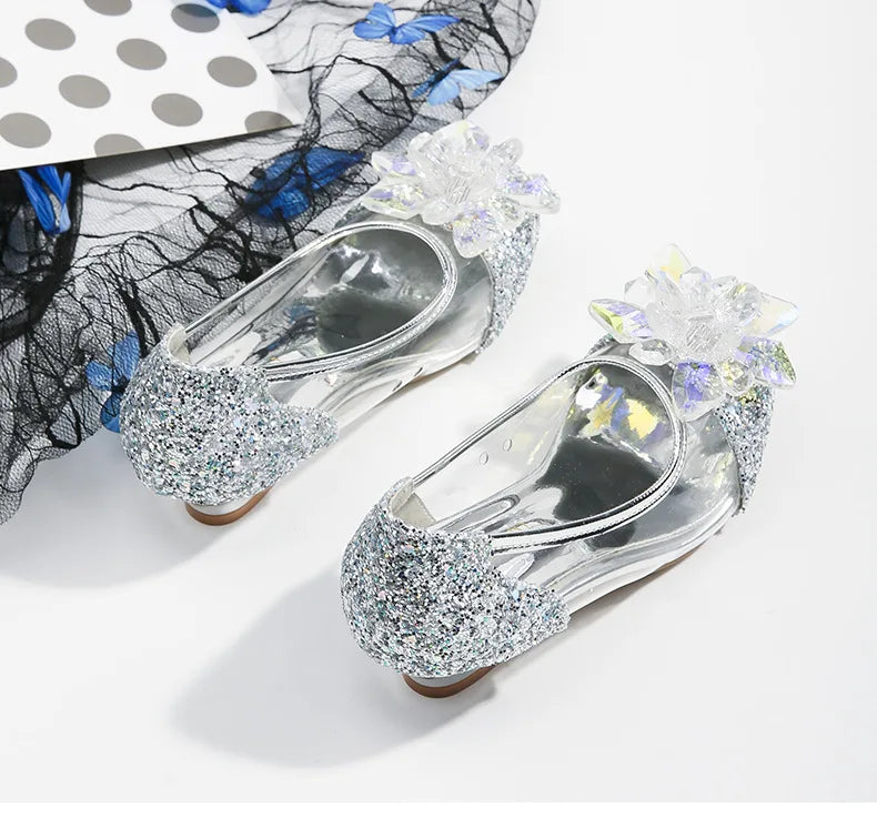 Pink Blue Princess Dance Shoes for Girls Low Heels for Kids Birthday Party Glitter Crystal Diamond Shoe Child Gown Leather Shoes
