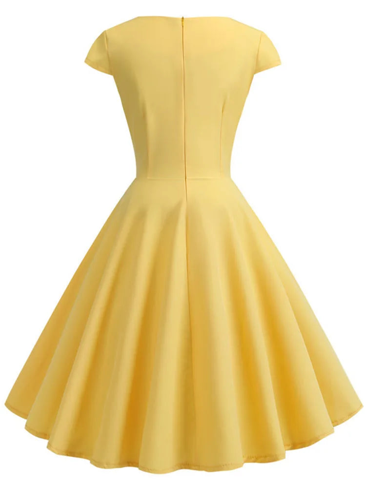 Summer Dress Women Short Sleeve Hepburn 50s 60s Vintage Pin Up Rockabilly Dress Robe Elegant Evening Party Dress