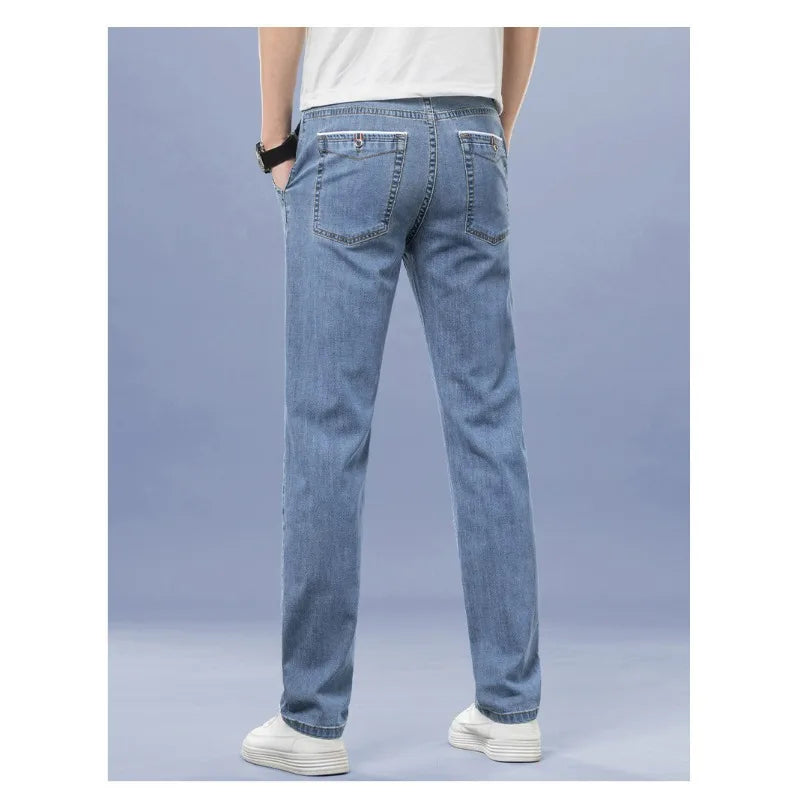 KIDWHXR Men Jean Trousers Slim Elastic Mid Waist Male Denim Pants Fashion Simple Casual Comfortable Man Straight-leg Pant