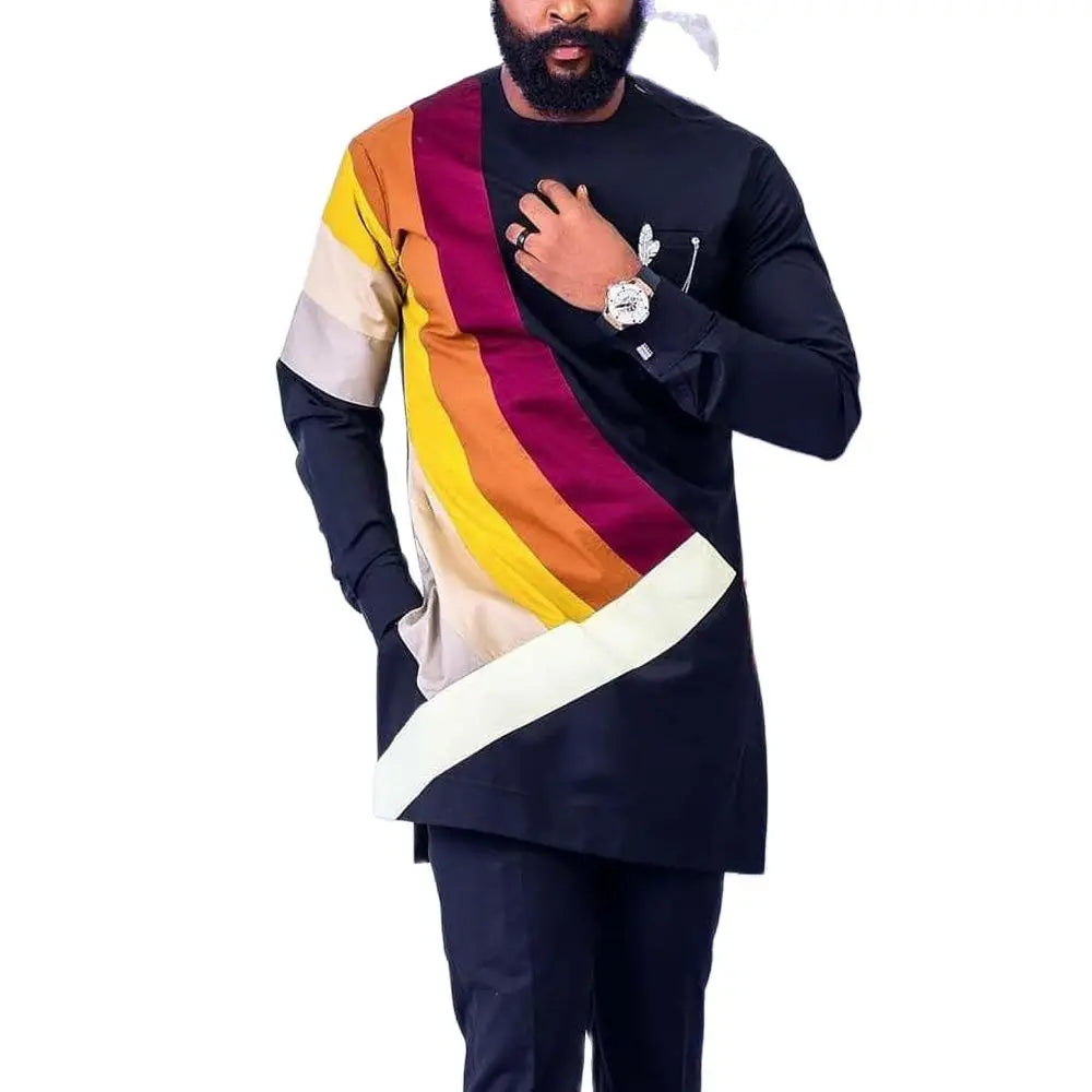 African Traditional Men Suit Printed Shirt Top Elastic Waist Pants White Wedding 2 Piece Set Outfits Ethnic Style Costumes