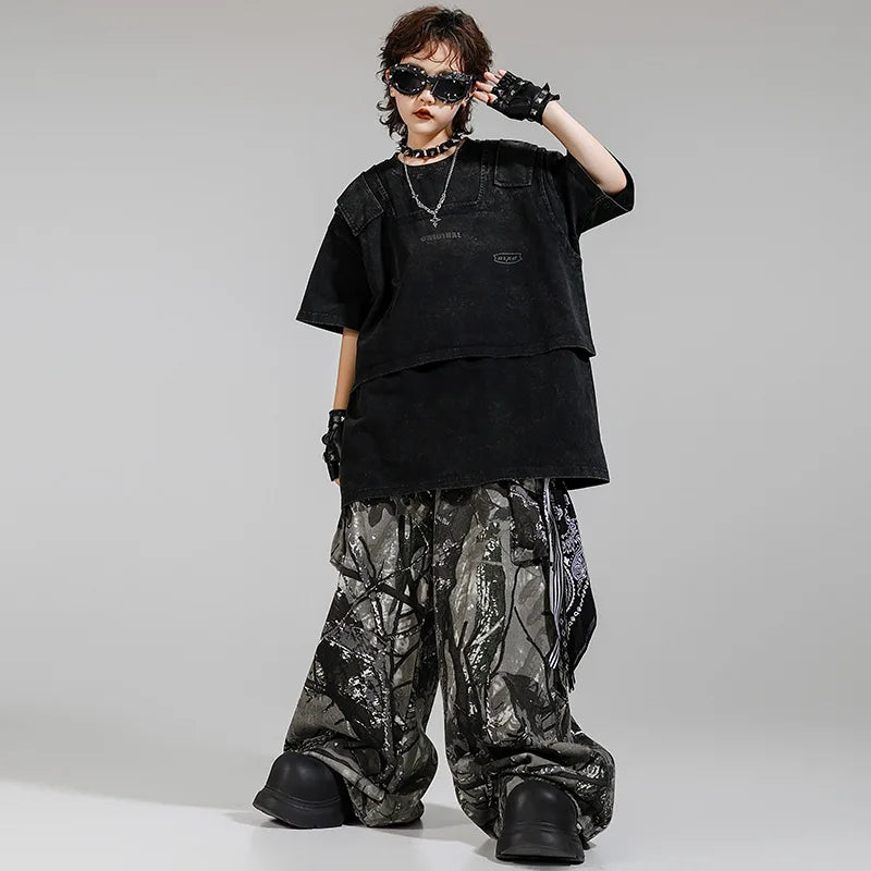 Kid Kpop Clothing Fake-2-Piece T Shirt Leaf Print Streetwear Harajuku Hip Hop Jeans for Girl Boy Jazz Dance Costume Clothes