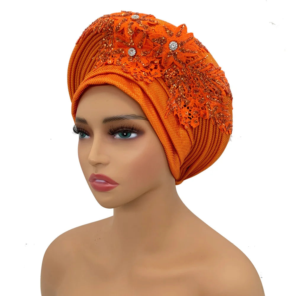 Elegant African Autogele Women's Turban Cap Nigeria Wedding Gele Ready to Wear Headtie with Embroidery Lace Party Headwear