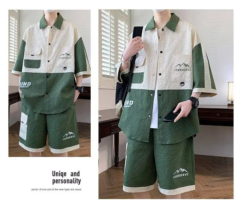 Men's 2 Piece Matching Set Short Sleeve Button Down Shirt + Cargo Shorts Textured Color Block Outfit Loose Fit Summer Lounge Set
