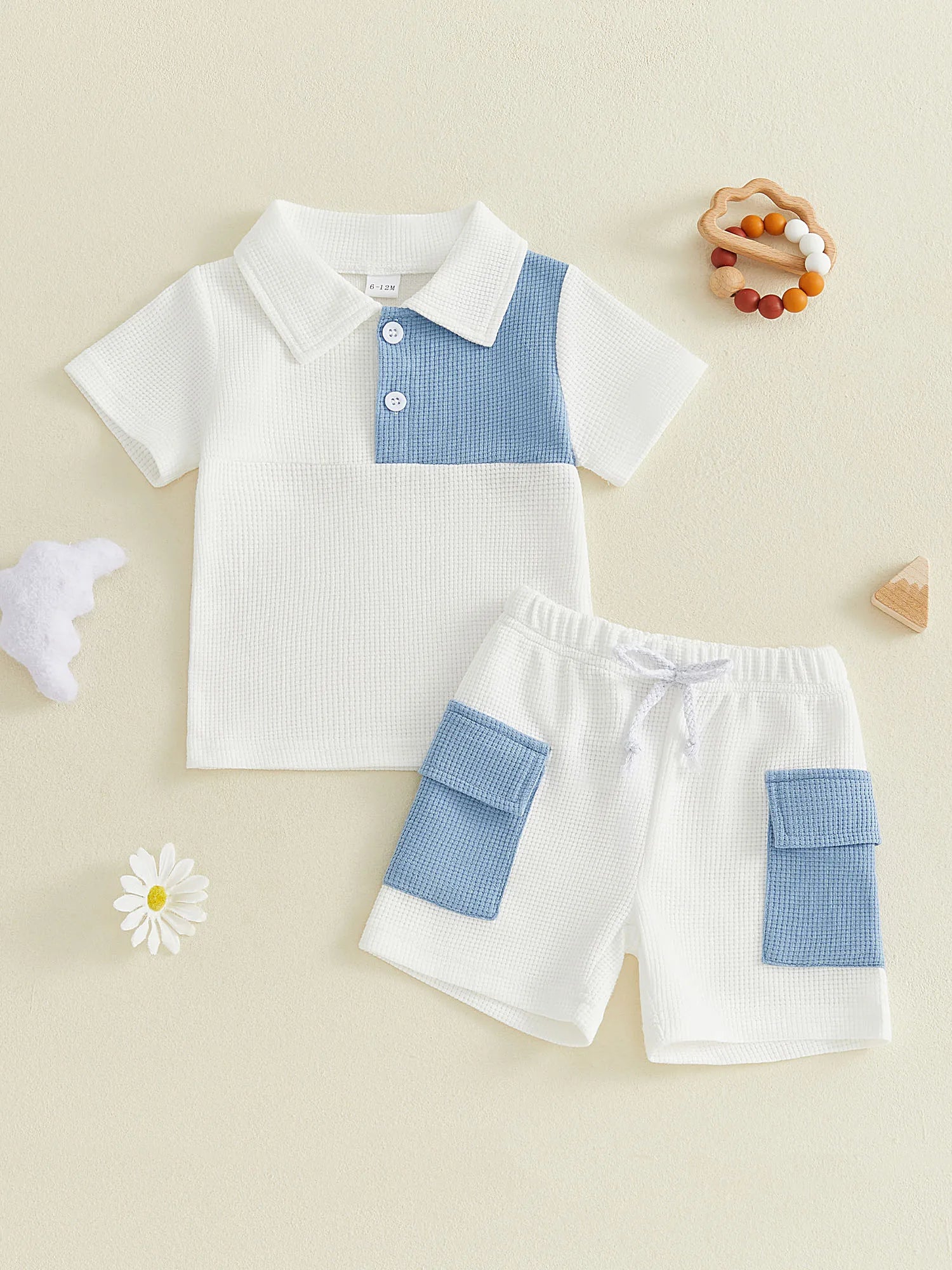Toddler Baby Boy Summer Outfit Contrast Short Sleeve Collared Shirts Cargo Shorts 2 Piece Boys Waffle Clothing Set