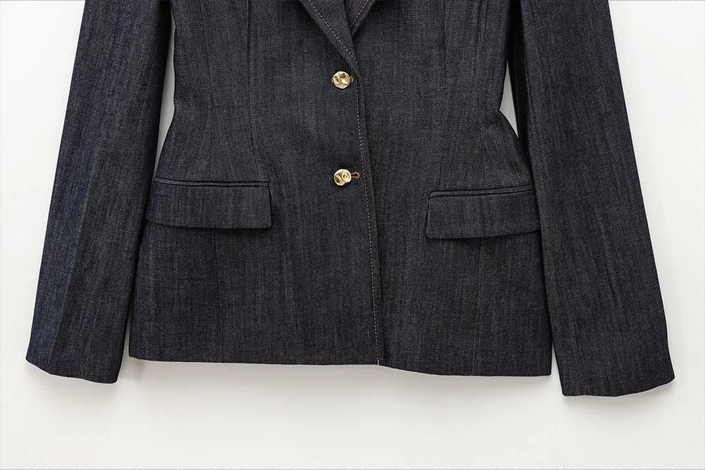 HH Women Denim Blazer Coat Single Breasted Long Sleeve Lapel Suit Jacket With Pockets Female 2025 Spring New Fashion Outwear