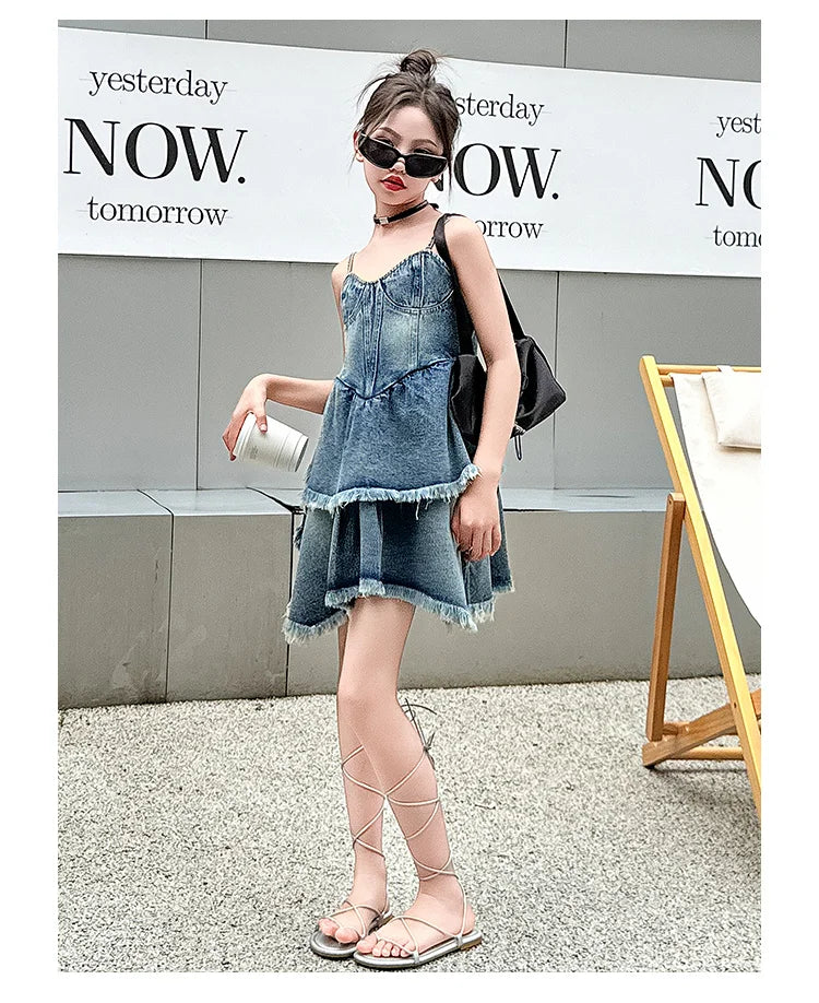 Teen Girls Denim Dresses Summer Sleeveless One-Piece Clothes Kids Jumpsuit Overalls Solid Color Dress Fashion Children's Costume