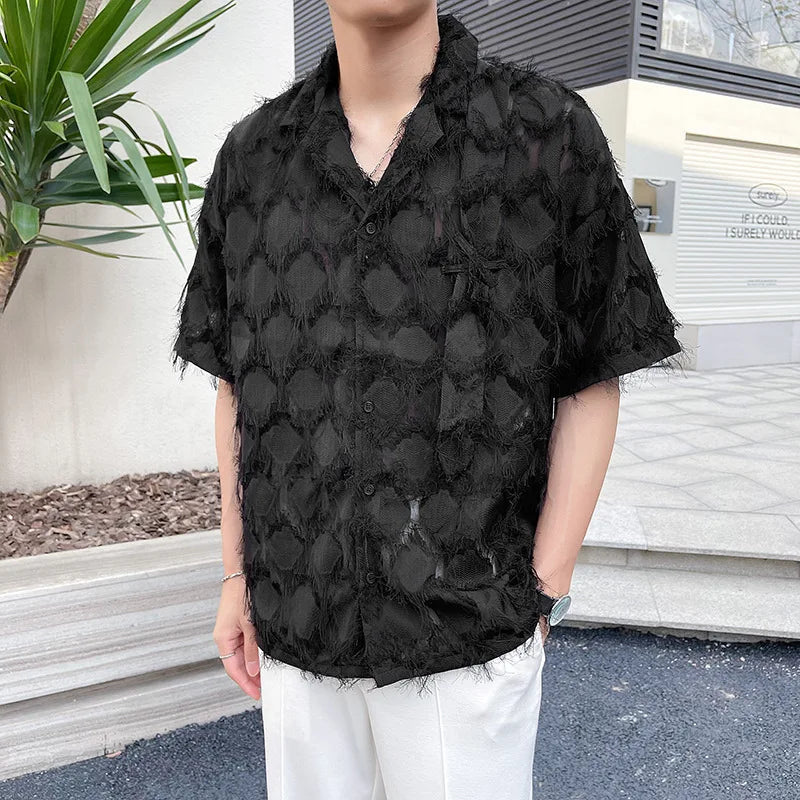 Mature Style Fringed Fringed Design Half-sleeved Shirt for Men's Niche Loose Summer Short-sleeved