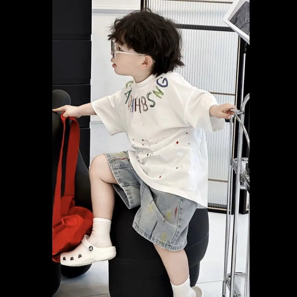 Baby Boys Summer Sportswear.Suit 2025 New Children Streetwear kid Boy Short Sleeve T Shirt + Denim Shorts 2PCS Set Outfits 2-10Y