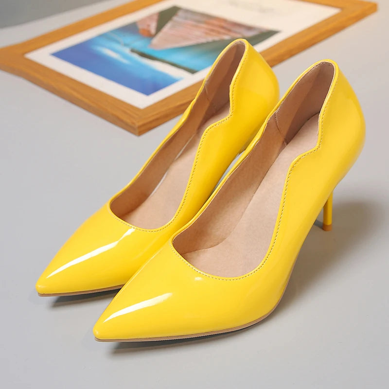Nude High-Heeled Shoes for Women, Thin Heels, Pointed Toes, Small Size 30, 2024 New Style for Ladies, Elegant Spring and Autumn White Sexy Patent Leather Professional Black Women's Single Shoes, European and American Extra La