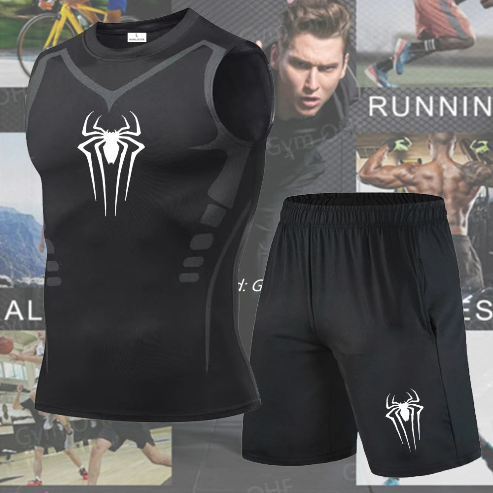 Men's Workout Compression Set Y2K Spider Printed Gym Vest Breathable Running Shorts Quick Dry Sports Rash Guard Sportwear Set