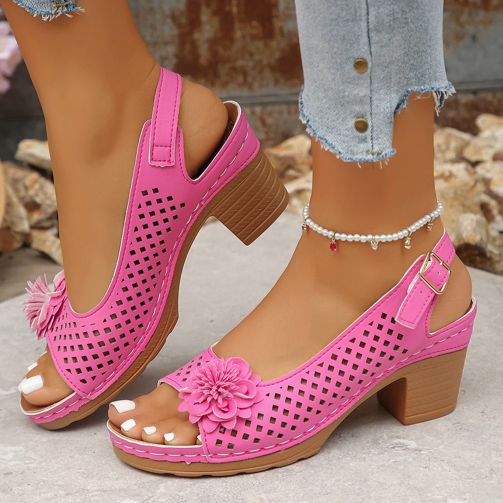 Women's Chunky Heel Sandals Summer 2025 Fashion Flower Hollow Beach Shoes Lightweight High Heeled Casual Sandals for Women