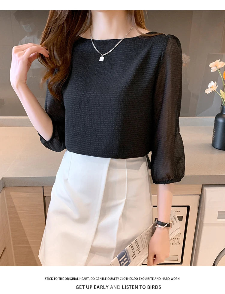 Blusas Para Mujer 2026 New Women Blouse Shirt O-Neck Black Chiffon Blouse Shirt Women Tops Blouses Shirts Blusas Camisas E474