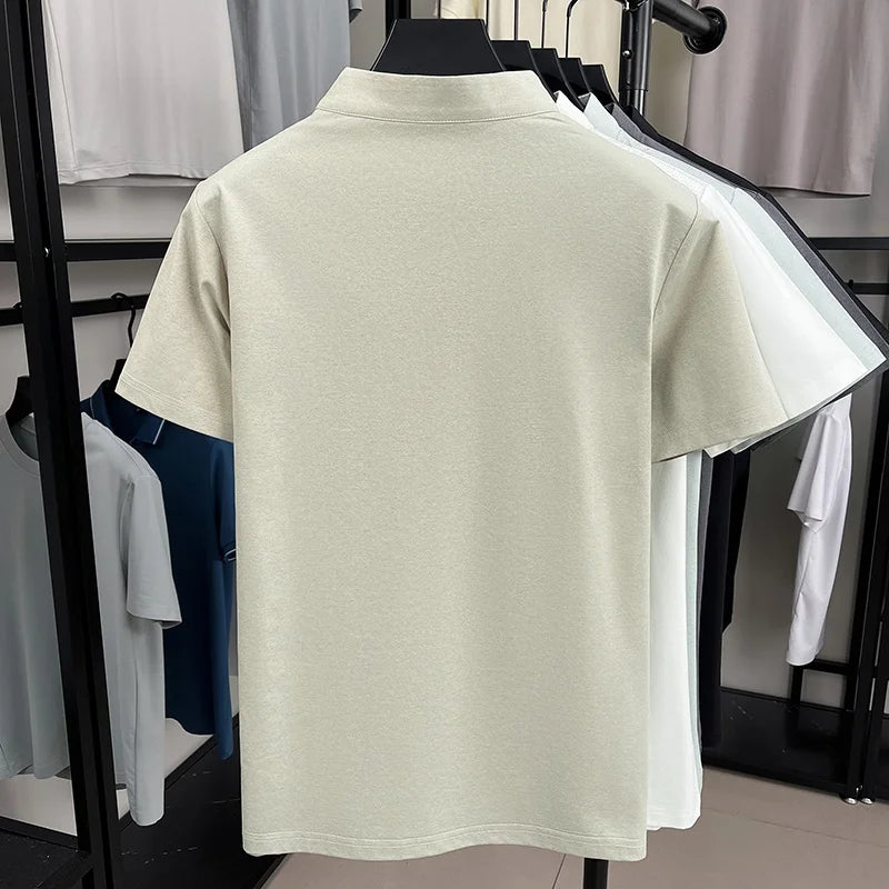 Men's Summer New Bear Embroidered T-Shirt Beach Casual Mesh Half Zipper Short Sleeve Soft Comfortable Splicing Men's Clothing
