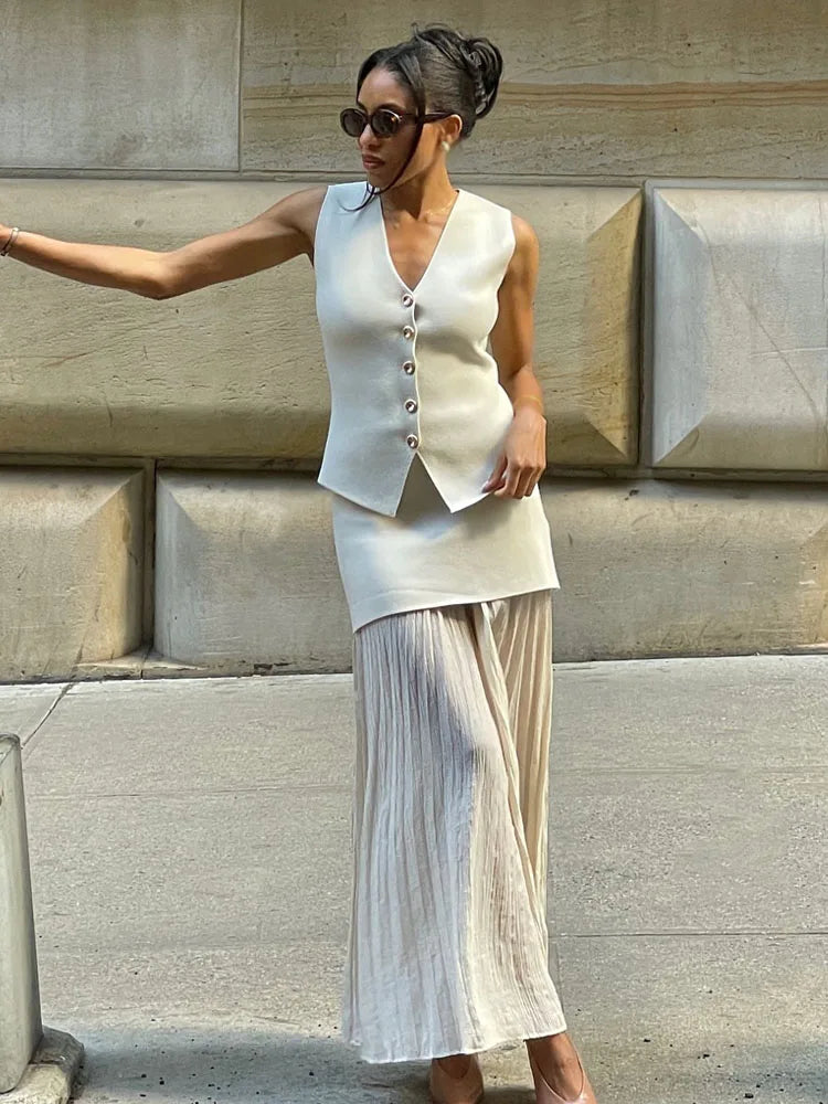 HH Women 2 Piece Set Fashion Button Sleeveless V-Neck Knitted Vest Top+Chic Splicing High Waist Zipper Ankle-Length Skirt