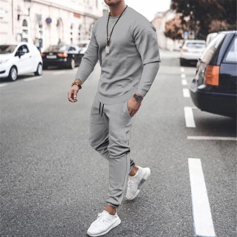 Men's Two-Piece Set O-Neck 2 Pieces Sets Tracksuit Hooded Sweatshirt +Drawstring Pants Male Sport Hoodies Running Sportswear