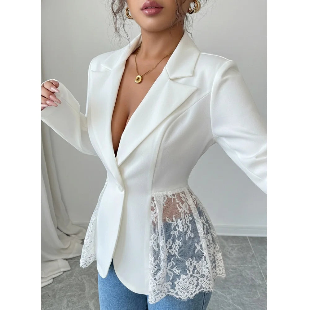 Women Elegant Blazer Suits Ladies Spring Autumn Long Sleeve Single Button Jackets Coats with Lace Hem