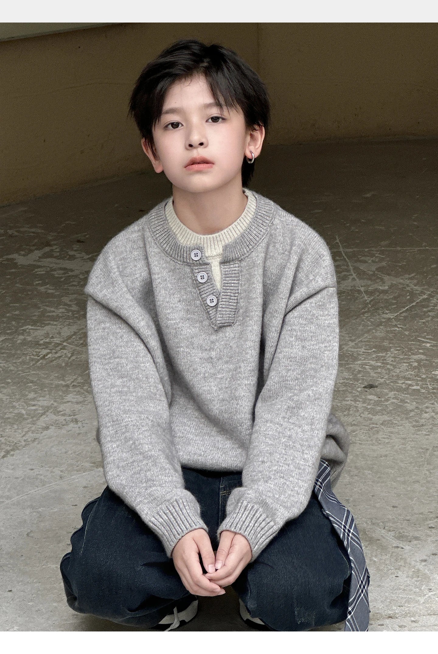 Child Minimalism Style V-Neck Sweater for Tween Boy Beige Grey Color Knitwear Korean Kids Spring Autumn Casual Knitted Clothing